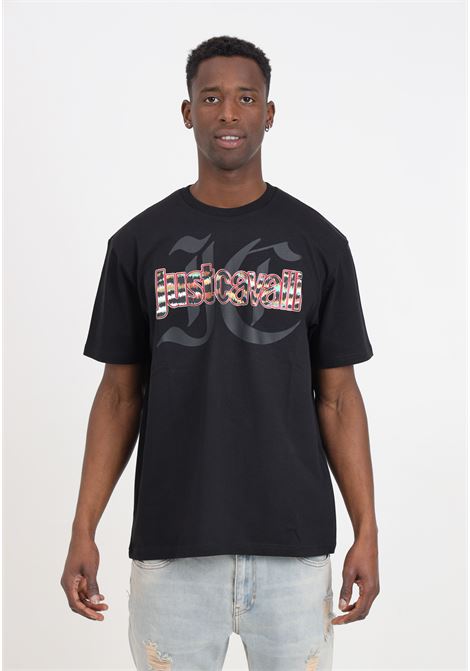 Black men's T-shirt with multicolor logo print on the front JUST CAVALLI | 76OAHG12CJ318899